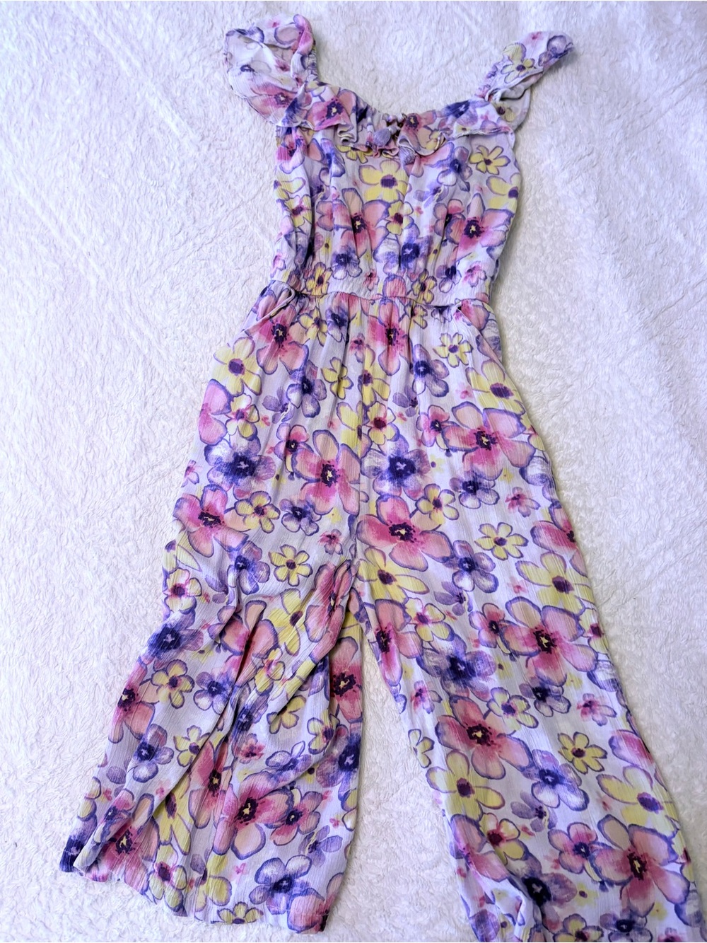 Size 10 Girls Justice Lavender Floral-Trim Jumpsuit